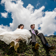 bride and groom in the dolomites